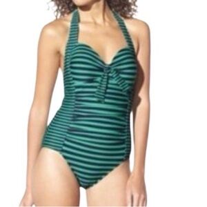 Merona striped one-piece swimsuit in green and blue halter tie and ruched front